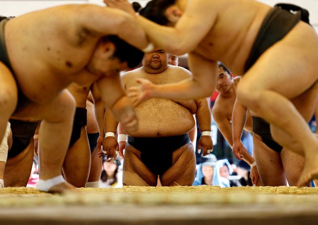 Sumo wrestlers take part is a training session before the “Honozumo” ceremonial sumo tournament at the Yasukuni Shrine in Tokyo, Japan on April 15, 2024. (Photo by Issei Kato/Reuters)