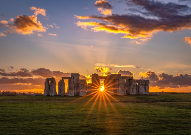 Sunset at Stonehenge in Wiltshire on Monday, February 12, 2024. The prehistoric site has Unesco world heritage status that campaigners say will be put at risk by plans to build a tunnel near by. (Photo byNick Bull/Picture Exclusive)