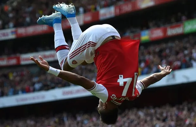 Pierre-Emerick Aubameyang of Arsenal celebrates after scoring his team's second goal during the Premier League match between Arsenal FC and Burnley FC at Emirates Stadium on August 17, 2019 in London, United Kingdom. (Photo by Harriet Lander/Copa/Getty Images)