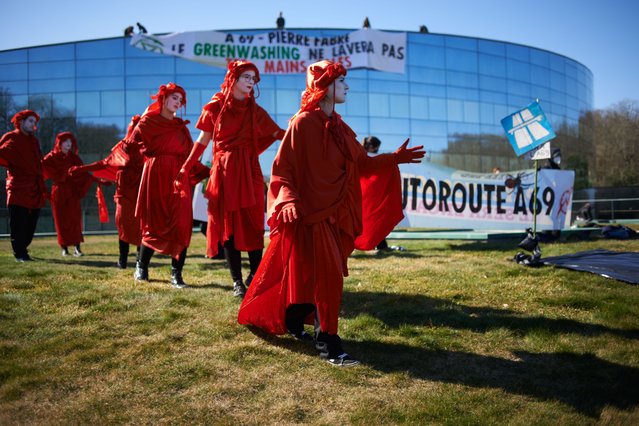 RedRebels protest against the A69 highway between Toulouse and Castres in France on February 18, 2023. More than 100 protected species, 80 homes and 400 hectares of agricultural land would be destroyed if the A69 highway is built. (Photo by Alain Pitton/NurPhoto/Rex Features/Shutterstock)