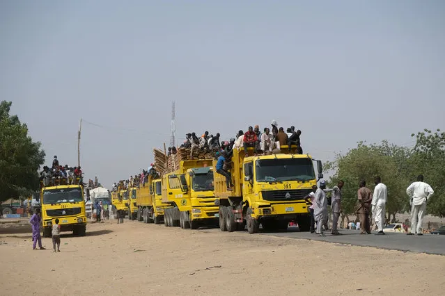 Hundreds of refugees rest on top of trucks laden with their belongings and construction materials waiting for the military convoy to led them home from Muna Garage Maiduguri, Nigeria February 16, 2017. (Photo by Paul Carsten/Reuters)