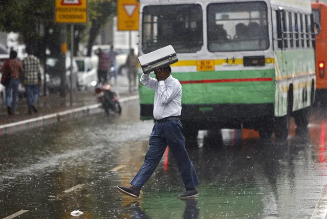 A commuter uses his briefcase to protect himself from rain in New Delhi. August 7, 2015. (Photo by Anindito Mukherjee/Reuters)