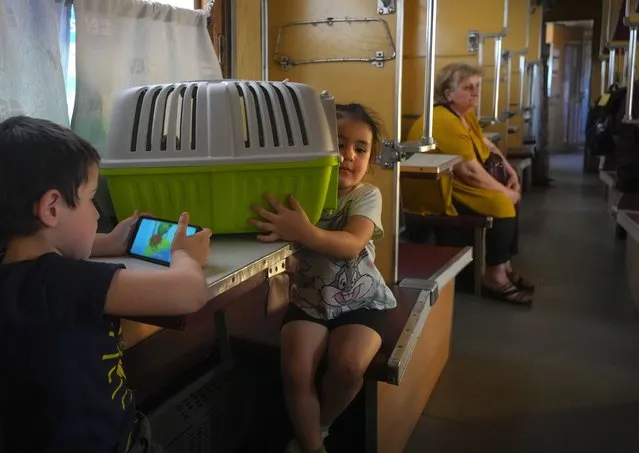 A girl holds a crate with her pet cat inside while a boy plays on a phone inside an evacuation train waiting for departure after they where evacuated from the war hit area in Pokrovsk in eastern Ukraine, Saturday June 11, 2022. (Photo by Efrem Lukatsky/AP Photo)