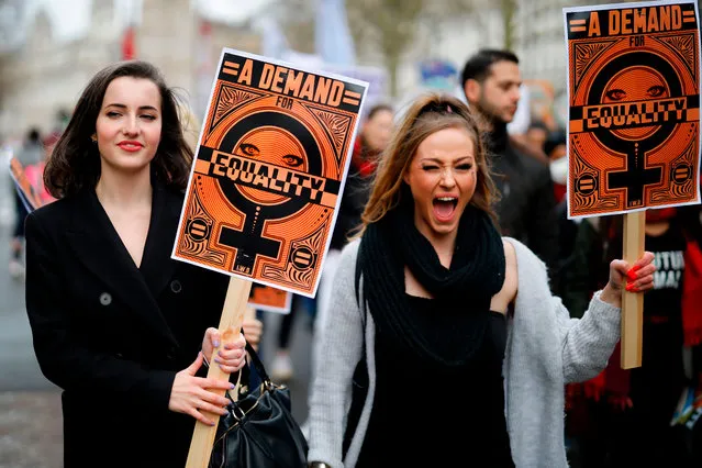 Demonstrators attend the “March4Women” during the International Women's Day in London on March 8, 2020. Many feminist groups held online campaigns instead of street marches, using hashtags such as #FemaleStrike, #PowerUp and #38InternationalWomensDay to raise awareness of gender inequality. (Photo by Tolga Akmen/AFP Photo)