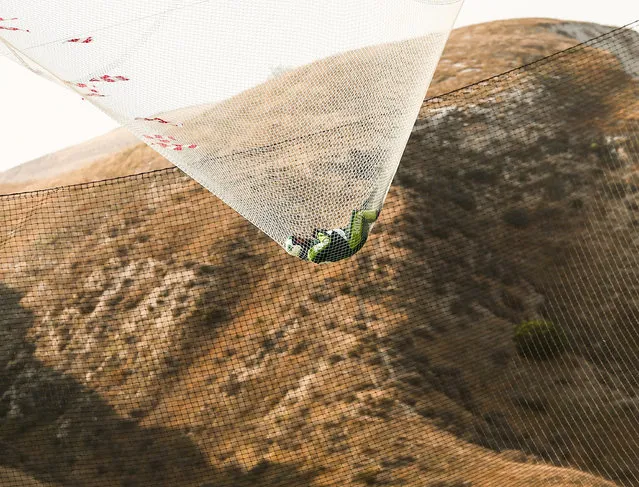 This image provided by Mondelez International shows Luke Aikins in a net after successfully skydiving without a parachute in Simi Valley, Calif., Saturday, July 30, 2016. After a two-minute freefall, Aikins landed in the 100-by-100-foot net at the Big Sky movie ranch. Aikins made history Saturday when he became the first person to leap without a parachute and land in a net instead. (Photo by Mark Davis/EPA)