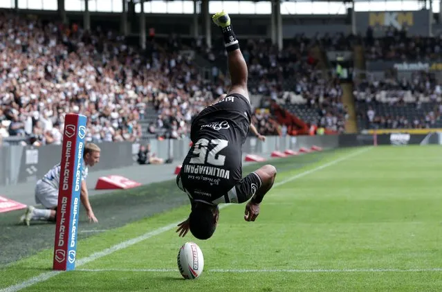 Hull FC's Mitieli Vulikijapani dives in to score his sides fourth try during the Betfred Super League match at the MKM Stadium, Hull on Sunday, August 28, 2022. (Photo by Richard Sellers/PA Images via Getty Images)