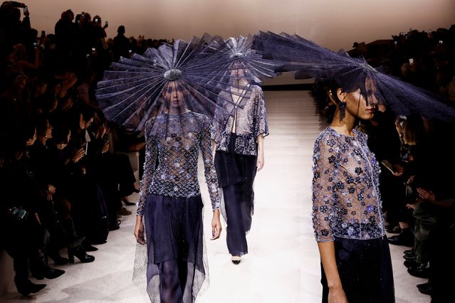 Models present creations by designer Giorgio Armani as part of his Haute Couture Spring-Summer 2024 collection show for Giorgio Armani Prive in Paris, France, on January 23, 2024. (Photo by Benoit Tessier/Reuters)