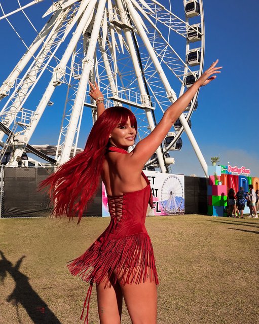 The ex-Love Islander, Irish television personality, presenter and model Maura Higgins later swapped her tennis skirt for a red fringed bodice while still in the States for Coachella in the second decade of April 2025. (Photo bu Instagram)