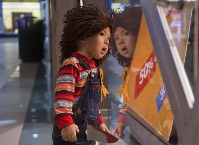 Juan Carlos Vilchez, 18-months-old, dressed to represent horror movie icon Chucky, looks into a storefront mall window, in Managua, Nicaragua, Friday, October 31, 2014. Juan Carlos is wearing a first place winner that he won earlier, for best Halloween costume in his age group. (Photo by Esteban Felix/AP Photo)