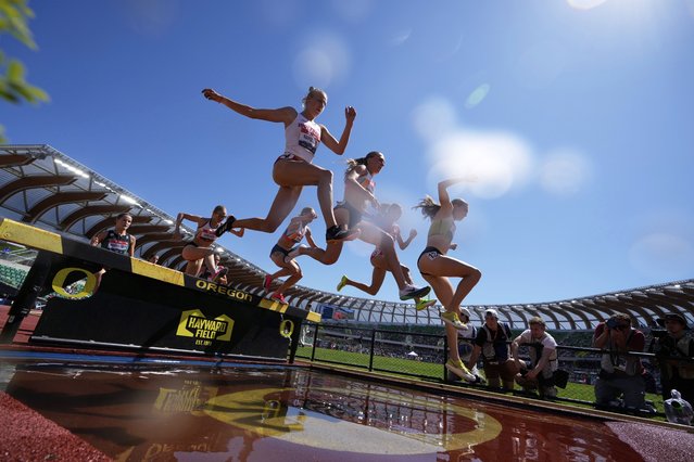 Runners compete in the women's 300-meter steeplechase finals during the U.S. Championships athletics meet in Eugene, Ore.,Saturday, August 2, 2025. (Photo by Ashley Landis/AP Photo)