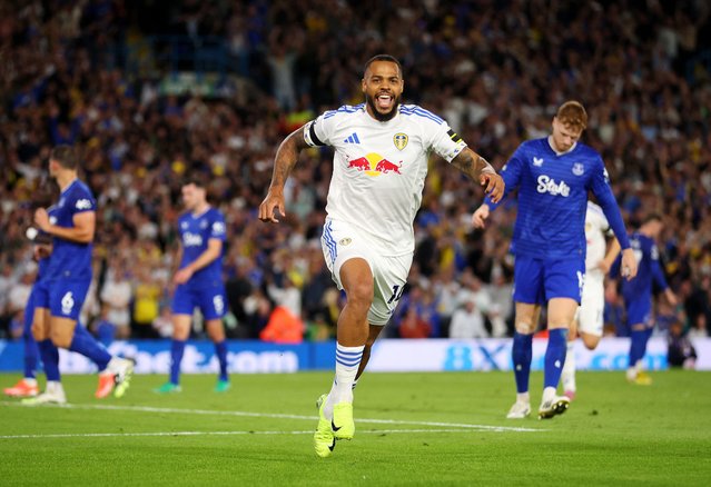 Lukas Nmecha of Leeds United celebrates scoring his team's first goal from a penalty during the Premier League match between Leeds United and Everton at Elland Road on August 18, 2025 in Leeds, England. (Photo by Craig Brough/Reuters)
