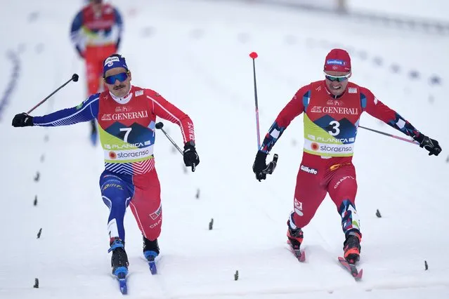 Second place, Norway's Paul Golberg, right, and third place, France's Jules Chappaz cross the finish line during the Men's Sprint Classic Final at the Nordic World Ski Championships in Planica, Slovenia, Thursday, February 23, 2023. (Photo by Matthias Schrader/AP Photo)
