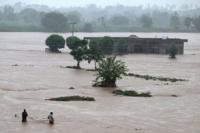 Local people catch fish in the floodwaters near a partially submerged house during heavy monsoon rains at the Ladian village of Rawalpindi on July 17, 2025. Heavy rains have been linked to 54 deaths in the past 24 hours in Pakistan, taking the toll to about 180 since the arrival of the monsoon in late June, the government's disaster agency said on July 17. (Photo by Aamir Qureshi/AFP Photo)