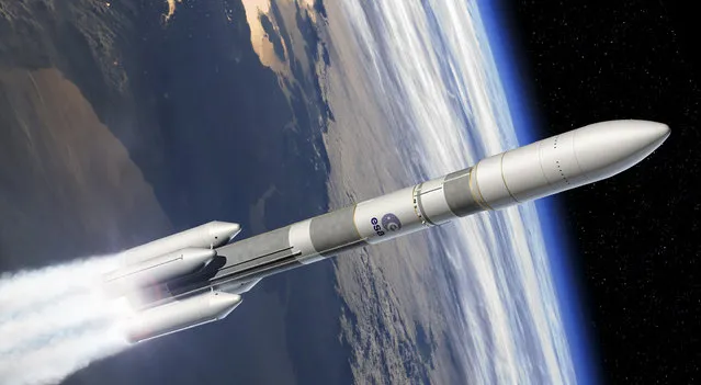 This computer image provided by the European Space Agency (ESA), Tuesday, December 2, 2014, shows the Ariane 6 launcher. European governments have agreed to fund the development of Ariane 6, a next-generation rocket that will be used to launch satellites into orbit. About €4 billion have been earmarked for Ariane 6, of which €400 million will come from industry, officials said. (Photo by David Ducros/AP Photo/ESA)