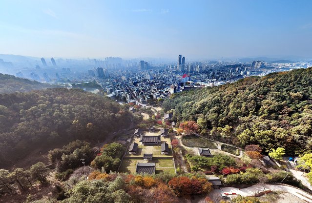 On the November 12, 2025, the Uam Historic Park in Dong-gu, Daejeon, where autumn colors are at their peak, was covered in red and yellow maple leaves, creating a landscape reminiscent of a watercolor painting. (Photo by Shin Hyeon-jong)