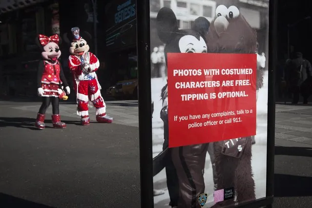 Costume Mickey and Minnie Mouse stand in the sunlight behind a sign advising that tipping them for photos is optional in Times Square in the Manhattan borough of New York January 17, 2015. (Photo by Carlo Allegri/Reuters)