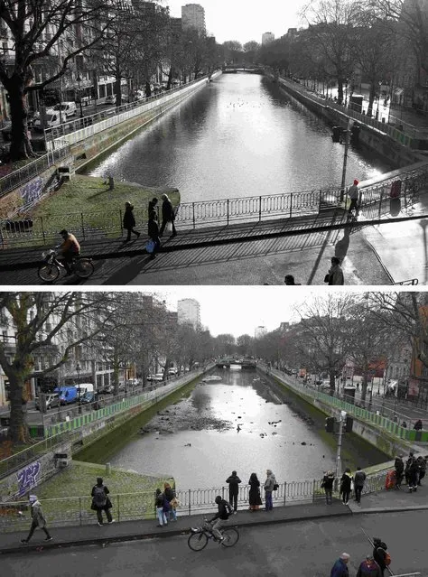 A combination picture shows the Canal Saint-Martin before the start of its draining on December 29, 2015 (top) and during the operation to clean the waterway in Paris, France, on January 5, 2016 (bottom). (Photo by Charles Platiau/Reuters)