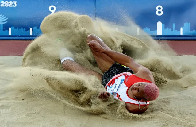 Peru's Jose Luis Mandros in action during the men's long jump final at the Pan Am Games in Santiago, Chile on October 31, 2023. (Photo by Luisa Gonzalez/Reuters)