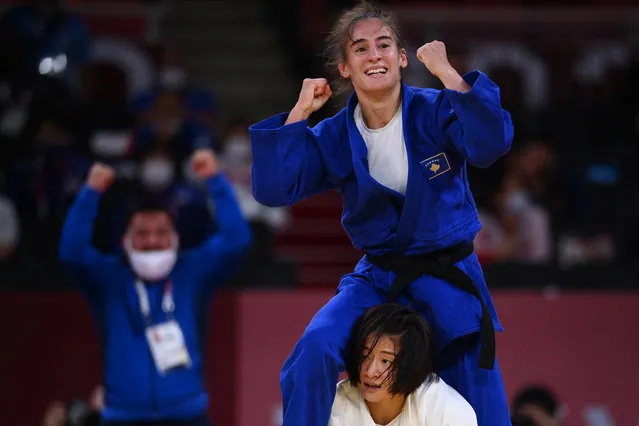 Kosovo's Nora Gjakova reacts after defeating Japan's Tsukasa Yoshida in the judo women's -57kg semifinal B bout during the Tokyo 2020 Olympic Games at the Nippon Budokan in Tokyo on July 26, 2021. (Photo by Franck Fife/AFP Photo)