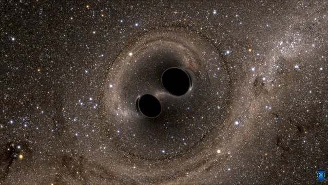 The collision of two black holes holes – a tremendously powerful event detected for the first time ever by the Laser Interferometer Gravitational-Wave Observatory, or LIGO – is seen in this still image from a computer simulation released in Washington February 11, 2016. Scientists have for the first time detected gravitational waves, ripples in space and time hypothesized by Albert Einstein a century ago, in a landmark discovery announced on Thursday that opens a new window for studying the cosmos. (Photo by Reuters/Caltech/MIT/LIGO Laboratory)