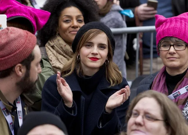 Actress Emma Watson sits in the crowd during the Women's March on Washington, Saturday, January 21, 2017 in Washington. (Photo by Jose Luis Magana/AP Photo)