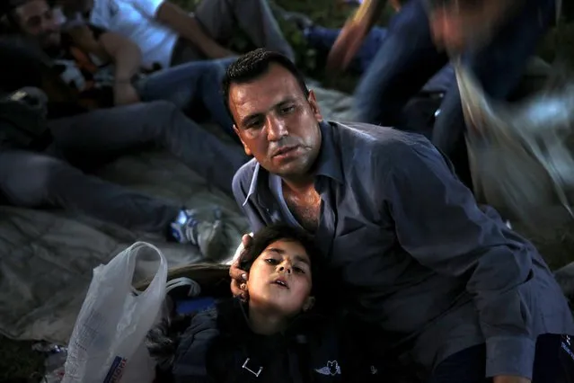 Kurdish Syrian immigrant Sahin Serko rests next to his 7 year-old daughter Ariana minutes after crossing the border into Macedonia, along with another 45 Syrian immigrants,  near the Greek village of Idomeni in Kilkis prefecture May 14, 2015. (Photo by Yannis Behrakis/Reuters)