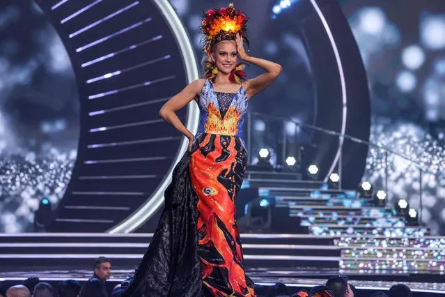 Miss Iceland, Elisa Groa Steinþórsdóttir, appears on stage during the national costume presentation of the 70th Miss Universe beauty pageant in Israel's southern Red Sea coastal city of Eilat on December 10, 2021. (Photo by Menahem Kahana/AFP Photo)