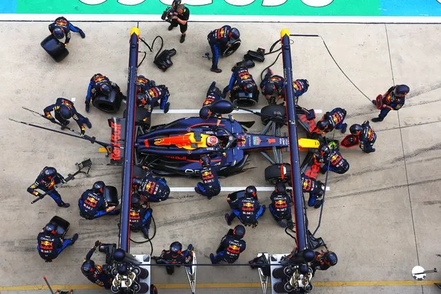 Max Verstappen of the Netherlands driving the (1) Oracle Red Bull Racing RB20 makes a pitstop during the F1 Grand Prix of China at Shanghai International Circuit on April 21, 2024 in Shanghai, China. (Photo by Mark Thompson/Getty Images)