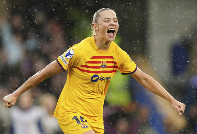 Barcelona's Fridolina Rolfo celebrates after scoring her side's second goal during the Women's Champions League, semi final second leg, soccer match between FC Chelsea and FC Barcelona in London, England, Saturday, April 27, 2024. (Photo by Zac Goodwin/PA Wire via AP Photo)
