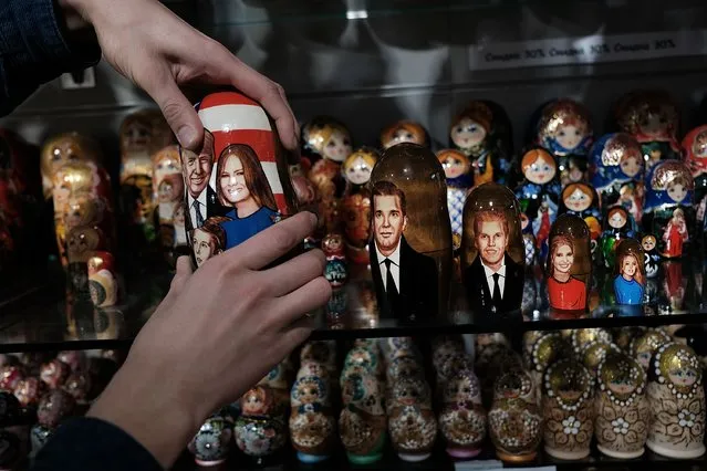A traditional Russian nesting doll painted with the likeness of President of Donald Trump and his family is displayed for sale at a Moscow store on March 5, 2017 in Moscow, Russia. (Photo by Spencer Platt/Getty Images)