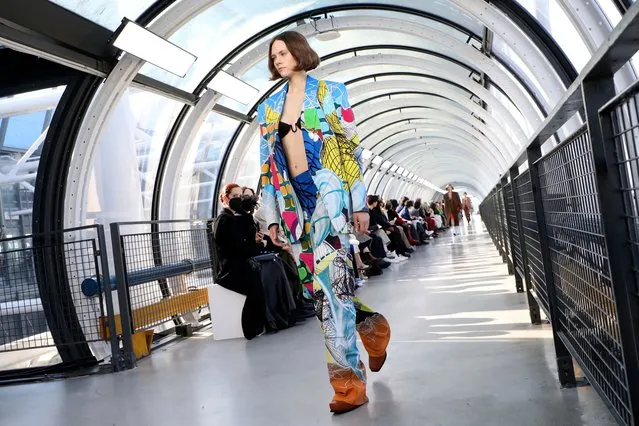 A model wears a creation for the Stella McCartney Ready To Wear Fall/Winter 2022-2023 fashion collection, unveiled during the Fashion Week in Paris, Monday, March 7, 2022. (Photo by Vianney Le Caer/Invision/AP Photo)
