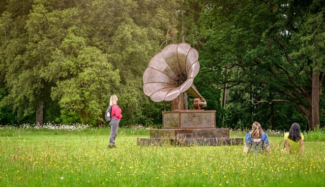 A giant gramophone is part of a series of art installations at Wakehurst, West Sussex in the second decade of June 2024, designed to give voice to the meadow, one of Britain’s most threatened habitats. (Photo by Jim Holden/The Times)