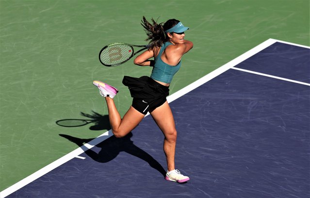 Emma Raducanu of Great Britain in action against Beatriz Haddad Maia of Brazil during the BNP Paribas Open on March 13, 2023 in Indian Wells, California. (Photo by Julian Finney/Getty Images)