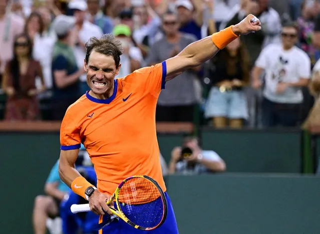Rafael Nadal (ESP) celebrates after defeating Carlos Alcaraz (ESP) in their semifinal match in the BNP Paribas Open at the Indian Wells Tennis Garden in Indian Wells, CA. on March 19, 2022. (Photo by Jayne Kamin-Oncea/USA TODAY Sports)