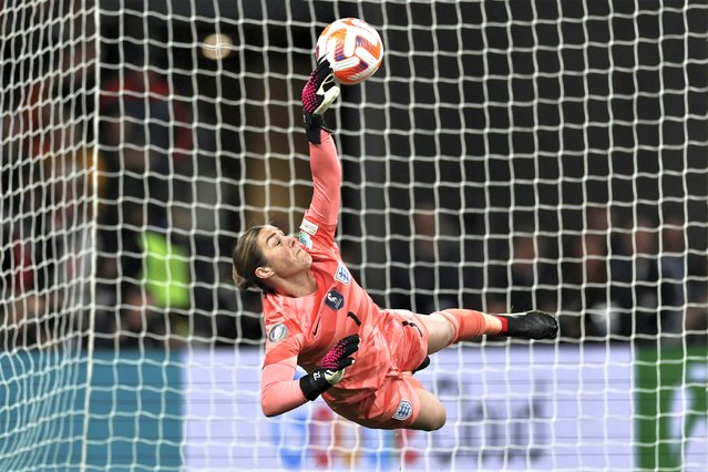 England's goalkeeper Mary Earps attempts a save during a penalty shootout at the end of the Women's Finalissima soccer match between England and Brazil at Wembley stadium in London, Thursday, April 6, 2023. (Photo by Ian Walton/AP Photo)