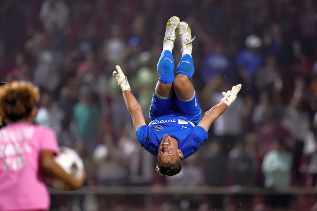 San Antonio FC goalkeeper Jordan Farr (1) flips in the air as he celebrates the team's overtime win against Austin FC in an MLS U.S. Open soccer match, Wednesday, April 20, 2022, in San Antonio. (Photo by Eric Gay/AP Photo)