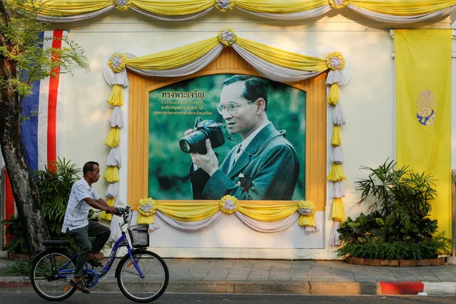 A man cycles past a picture of Thailand's King Bhumibol Adulyadej in central Bangkok, Thailand, April 17, 2016. (Photo by Jorge Silva/Reuters)