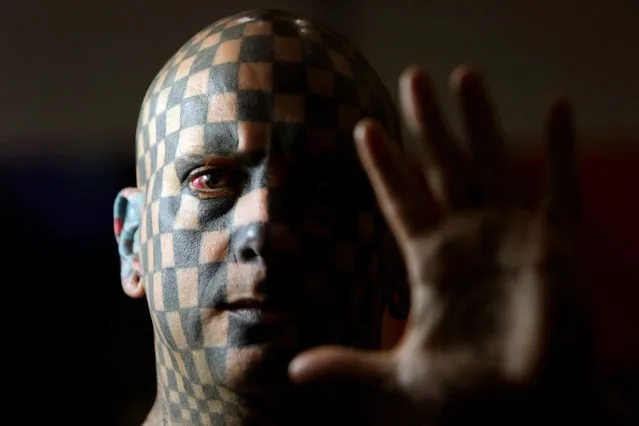Matt Gone, also known as “The Checkered Man”, poses during the “Expo Tatuaje” international tattoo expo in Monterrey, Mexico, July 1, 2017. (Photo by Daniel Becerril/Reuters)