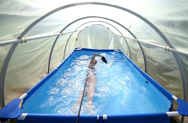 Iman Avdic, national multiple swimming record holder, maintains her form by practicing in a small plastic pool inside an improvised greenhouse in her grandfather's orchard in Doboj, Bosnia and Herzegovina on April 23, 2020. (Photo by Dado Ruvic/Reuters)
