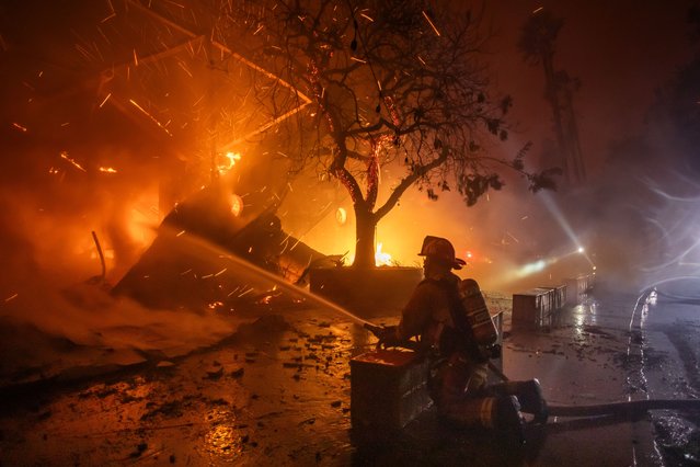 A Firefighter fights the flames from the Palisades Fire burning the Theatre Palisades during a powerful windstorm on January 8, 2025 in the Pacific Palisades neighborhood of Los Angeles, California. (Photo by Apu Gomes/Getty Images)