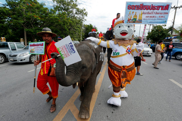 A mahout and his elephant hold posters and walk with Thailand Election Commission's mascot during a campaign ahead of the August 7 referendum in Auytthaya province, north of Bangkok, Thailand, August 1, 2016. (Photo by Chaiwat Subprasom/Reuters)