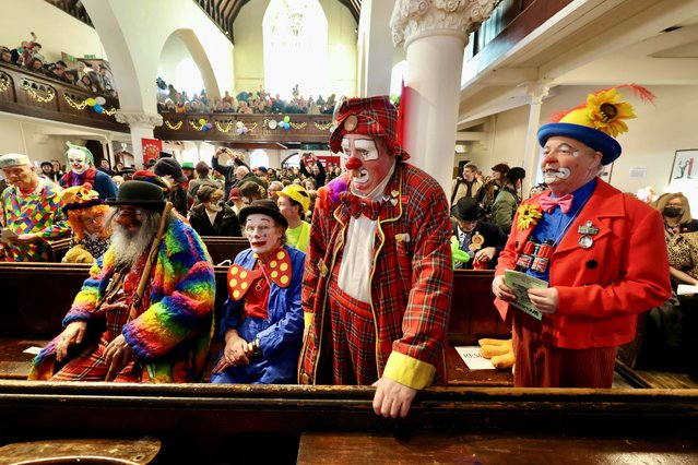 Clowns and entertainers attend the annual service of remembrance in honour of British clown Joseph Grimaldi who died in 1837, at All Saints Church in Haggerston, London, Britain, on February 2, 2025. (Photo by Kevin Coombs/Reuters)