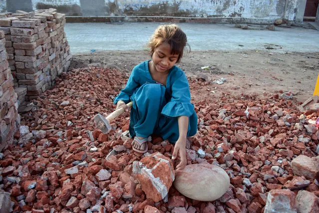 A young girl works at a construction site in Patiala district, Rajpura, India on November 20, 2019. (Photo by Saqib Majeed/Barcroft Media)
