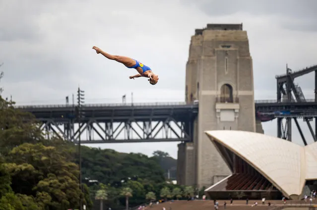 In this handout image provided by Red Bull, Rhiannan Iffland of Australia dives from the 21 metre platform during the training day of the eighth and final stop of the Red Bull Cliff Diving World Series on October 13, 2022 at Sydney, Australia. (Photo by Romina Amato/Red Bull via Getty Images)