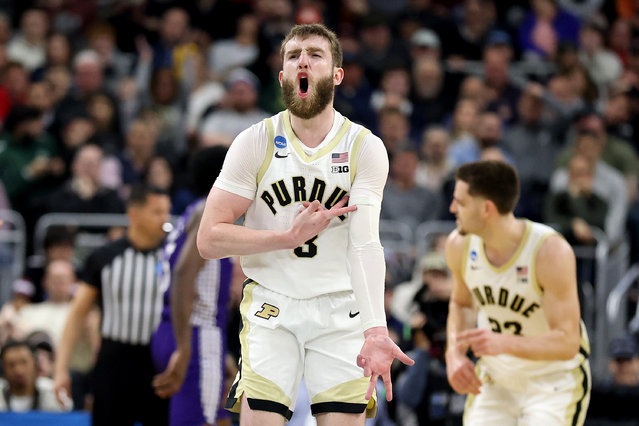 Braden Smith #3 of the Purdue Boilermakers celebrates a basket against the High Point Panthers during the second half in the first round of the NCAA Men's Basketball Tournament at Amica Mutual Pavillion on March 20, 2025 in Providence, Rhode Island. (Photo by Maddie Meyer/Getty Images)