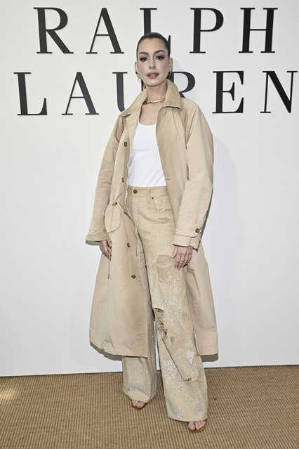 American actress Anne Hathaway arrives at the Ralph Lauren Fall 2025 presentation on Thursday, April 17, 2025, in New York. (Photo by Evan Agostini/Invision/AP Photo)