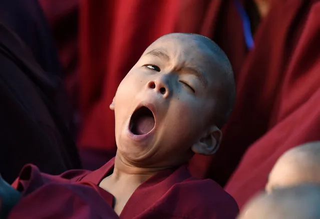 A novice monk yawns as he attends teachings by Tibetan spiritual leader the Dalai Lama in Bomdila in the northeastern state of Arunachal Pradesh, India April 5, 2017. (Photo by Anuwar Hazarika/Reuters)