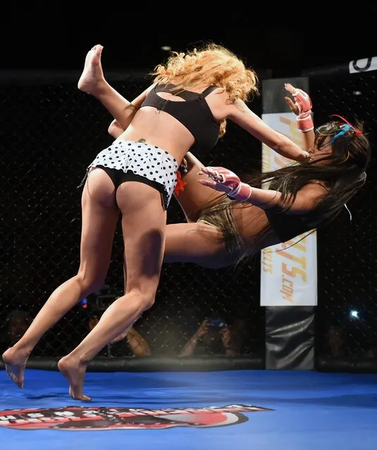 Fighters Shelly “Aphrodite” DaSilva (L) and Roxy “Roundhouse” Michaels compete during “Lingerie Fighting Championships 21: Naughty 'n Nice” at the Robinson Rancheria Resort & Casino on June 18, 2016 in Nice, California. Michaels won the bout. (Photo by Ethan Miller/Getty Images for LFC)