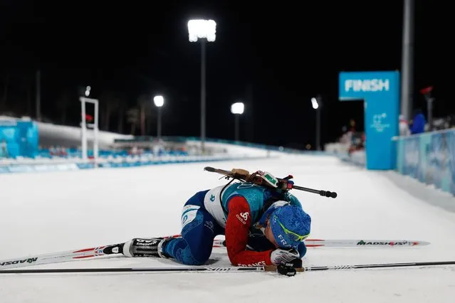 France's Anais Bescond reacts after crossing the finish line of the women's 7,5 km sprint biathlon event during the Pyeongchang 2018 Winter Olympic Games on February 10, 2018, in Pyeongchang. (Photo by Odd Andersen/AFP Photo)