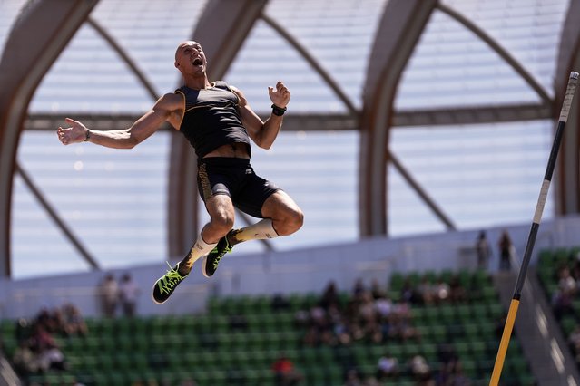 Austin Miller reacts in the men's pole vault finals during the U.S. Championships athletics meet in Eugene, Ore.,Saturday, August 2, 2025. (Photo by Ashley Landis/AP Photo)